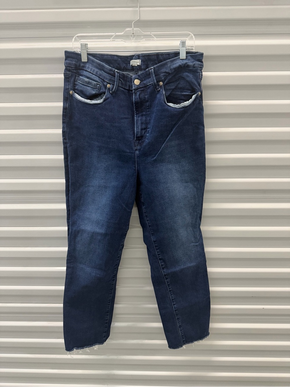 Good American Stretchy Dark Blue Slim Straight Jeans Raw Hem Fits sizes 14-18